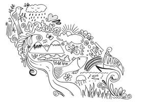 creatieve kunst doodles hand getekende ontwerp illustratie met tekst natuur en wow. vector