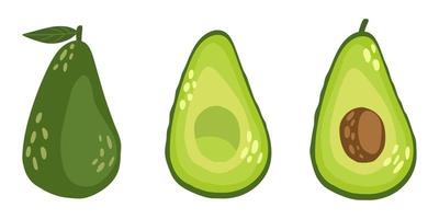 heerlijke avocado, heel, gehalveerd en met pit. vectorillustratie van avocado, geïsoleerd op een witte achtergrond. vector