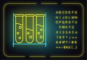 reageerbuisjes neonlicht icoon. organische chemie. laboratorium werk. interactie met chemicaliën. wetenschappelijk onderzoek. gloeiend bord met alfabet, cijfers en symbolen. vector geïsoleerde illustratie