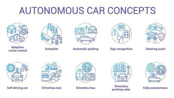 autonome auto concept pictogrammen instellen. auto robot functies. voertuigen zonder bestuurder. elektronische technologie in veilig rijden idee dunne lijn illustraties. vector geïsoleerde overzichtstekeningen. bewerkbare streek