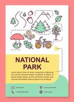 nationale park poster sjabloon lay-out. recreatieve stedelijke openbare plaats. banner, boekje, folder printontwerp met lineaire pictogrammen. vectorbrochure paginalay-outs voor tijdschriften, reclamefolders vector