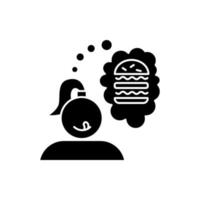 voedsel verlangen glyph icoon. meisje denken aan hamburger. dacht aan boterham. fastfood-snack. eetlust, verleiding. cheeseburger, hamburger. silhouet symbool. negatieve ruimte. vector geïsoleerde illustratie