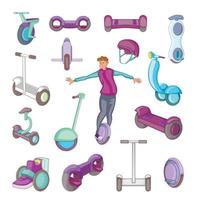 zelfbalancerende scooter iconen set, cartoon stijl vector