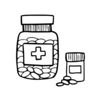 medicijnfles voor grote en kleine pillen. doodle stijl, geïsoleerd medisch element op witte achtergrond vector