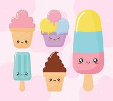 vijf kawaii-ijsjes vector