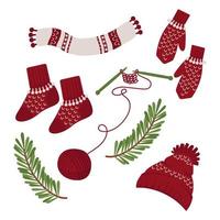 kerst- en nieuwjaarsset gezellige gebreide winterkleren. muts, sjaal, sokken, wanten met schattige patronen. feestelijke vectorillustratie voor scrapbooking, ansichtkaarten. vector