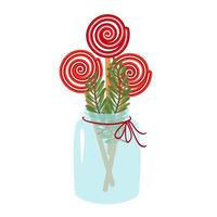 lolly's zijn rond op een stokje met rode en witte strepen in een glazen pot met een rood lint. vectorkerstmisillustratie van snoep, zoetwaren vector