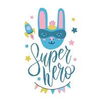 super held konijn schattige baby print. lief konijntje met grappig kostuum, masker en cape tussen sterren en raket. mode kind vector. coole scandinavische illustratie voor t-shirt, kinderkleding, uitnodiging vector