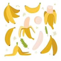 gele banaan kleurrijke set. exotisch, tropisch fruit geïsoleerd op een witte achtergrond. geschild en in plakjes en hele banaan. verse vegetarische gezonde voeding met vitamines. platte vector hand getekende illustratie.