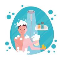 jonge man die een douche neemt - samenstelling van de ronde vorm. gelukkige kerel die zijn hoofd, haren, lichaamszeep onder water wast. routinematige hygiëneprocedure in badkamerconcept voor advertentie. platte cartoon vectorillustratie. vector