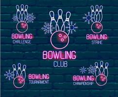 set neon-logo's in roze-blauwe kleuren met kegelen, bowlingbal, sneeuwvlokken. verzameling van 5 vectortekens voor winter bowlingtoernooi, uitdaging, kampioenschap, staking, club tegen donkere bakstenen muur vector