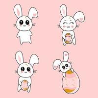 set feestelijke paaskawaii konijnen met eieren. vectorillustratie voor wenskaart, banner, post. vector