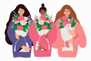 internationale Vrouwendag. vectorillustratie met vrouwen van verschillende nationaliteiten en culturen met boeketten bloemen. vectorillustratie. vector