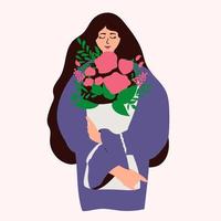 mooie vrouw houdt een boeket lentebloemen in haar handen. vector