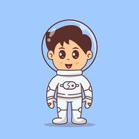 schattige kleine astronaut die staat en glimlacht. ruimtetechnologie vectorillustratie vector