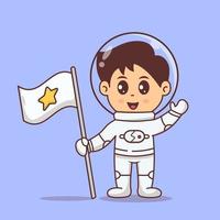 schattige kleine astronaut met vlag en zwaaien. ruimtetechnologie vectorillustratie vector