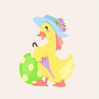 vectorillustratie van Pasen eend in hoed met bloemen. Pasen versierd ei. schattig Pasen-symbool. volle kleur. geïsoleerd vector