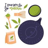 matcha theeservies met belettering quote - ik hou zo van jou matcha. objecten geïsoleerd op wit. vector hand getekende illustratie.