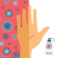 vergelijk de handen die wassen en niet wassen. de helft van de handpalm is vuil, ongewassen met coronavirus, de tweede helft van de hand is schoon na het wassen met ontsmettingsgel. platte vectorillustratie vector
