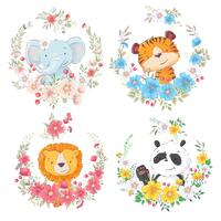 Set van cartoon schattige dieren olifant tijger leeuw en panda in bloemkransen voor kinderen clipart. vector