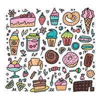 kleurrijke set van zoet voedsel cartoon doodle objecten, symbolen en items. vector hand getekende kleur overzicht illustratie gemaakt in cartoon stijl.