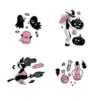 happy halloween sticker set met heks meisje silhouetten zijaanzicht. platte lineaire vectorillustratie geïsoleerd op een witte achtergrond. zwarte stickers. zwart en roze meisjesachtig concept. vector