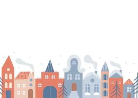 winter stad naadloze grens. gelukkig nieuwjaar en vrolijk kerstfeest in de oude stadsstraat. oude stad panorama. sneeuwlandschap met huizen. vectorillustratie in vlakke stijl. vector