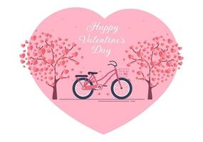 gelukkige Valentijnsdag platte ontwerp illustratie die wordt herdacht op 17 februari met fiets en cadeau voor liefde wenskaart vector