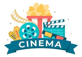 filmpremièreshow of bioscoop met camera, popcorn, Filmklapper, filmband en spoel in platte ontwerpachtergrondillustratie vector