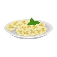 exotisch fruit banaan, in cirkels gesneden, op plaat met muntblaadjes. zoete smakelijke tropische gerechten en snacks. platte vectorillustratie vector