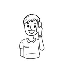 man met mobiele telefoon. cartoon hand getrokken schets illustratie. jongen met modern apparaat vector