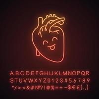 lachend menselijk hart anatomie neon licht icoon. gezondheid van het cardiovasculaire systeem. gezond inwendig orgaan. gloeiend bord met alfabet, cijfers en symbolen. vector geïsoleerde illustratie