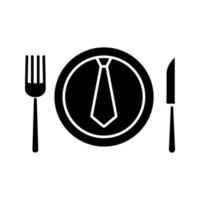 zakenlunch, diner glyph icoon. zaken bespreken tijdens de maaltijd. tafelmes, vork en bord met stropdas erin. silhouet symbool. negatieve ruimte. vector geïsoleerde illustratie