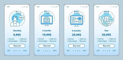 taalleren onboarding mobiele app-schermen met serviceprijzen. walkthrough webpagina's sjablonen. online taalcursussen kosten stappen. tariefplannen. webpagina-indeling voor smartphonebetaling vector