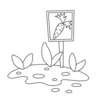 vector zwart-wit tuin wortel teken tafel met gekiemde planten geïsoleerd op een witte achtergrond. schets lentetuin illustratie met kinderdagverblijf. tuinieren icoon met groente zaaibed