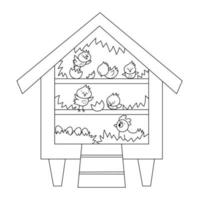 vector zwart-wit schattig roost icoon met uitbroedende kuikens en kip binnen. overzicht baars illustratie voor kinderen. boerderij of tuin vogels huis geïsoleerd op een witte achtergrond. kippenhok kleurplaat