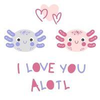 handgetekende twee axolotls-gezichten en tekst ik hou van je alotl. vector