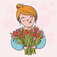 mooi meisje, vrouw met een boeket rode tulpen, lentestemming vector