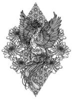 tattoo kunst zwaan china en bloem handtekening schets zwart-wit vector