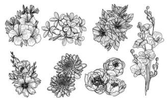 bloemen set hand schets tekening zwart-wit vector