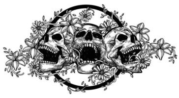 schedel tattoo kunst met bloemen tekening schets zwart en wit vector