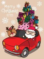happy christmas santa en herten in auto en geschenkdoos handtekening vector