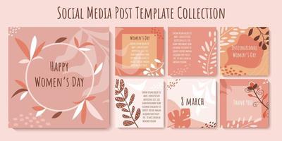 social media postsjabloon 8 maart collectie. internationale vrouwendag bannerontwerp in pastelroze kleuren. set vierkante trendy sjablonen voor wenskaarten, uitnodigingen, webinternetreclame vector