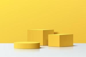 realistische gele 3D-kubus en cilinder voetstuk podium in abstracte kamer. minimale scène voor producten podium showcase, promotie display. vector geometrisch platformontwerp. vector illustratie