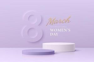 realistische witte en paarse 3d cilinder sokkel podium set met tekst 8 maart internationale vrouwen. minimale scène voor productenshowcase, podiumpromotiedisplay. vector abstract studio kamer platform.