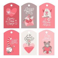 Valentijnsdag tag set. symbool envelop met liefdesbrief, kat, teddy, hartpot, kabouter. handgetekende papieren labelcollectie. minimaal ontwerp voor print wenskaart, poster. platte vectorillustratie vector