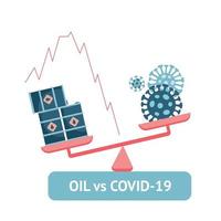 schalen met olievaten en coronavirus. concept van vallen op de oliemarkt. olieprijs. platte vectorillustratie. covid-19-concept voor banners. mers-cov, nieuw coronavirus, 2019-ncov-elementen. vector