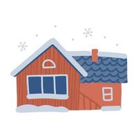 winterhuis. schattig huis in de sneeuw, huisje of stadshuis met besneeuwd dak. uit de vrije hand geïsoleerd element. vector platte hand getekende illustratie. slechts 5 kleuren - gemakkelijk opnieuw te kleuren.