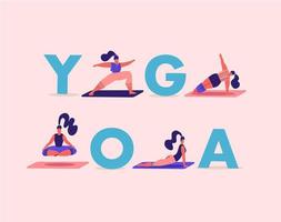 fitness concept illustratie van jonge vrouwelijke mensen die yoga houdingen en asanast doen. plat ontwerp van vrouwen die trainen onder grote letters yoga. sportbanner voor bestemmingspagina of promotie van yogaschool vector