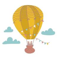 schattige beer vliegt in een hete luchtballon cartoon platte vectorillustratie voor kinderen. handgetekende print perfect voor t-shirt print, kinderdagverblijf textiel, kids wear fashion design, baby shower uitnodigingskaart. vector